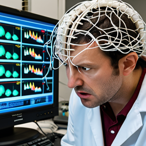 A scientist in a lab, looking frustrated while examining a brainwave monitoring display filled with chaotic, noisy signals.  Emphasis on the difficulty of extracting meaningful data due to interference and complexity. Consider adding visual cues of electrical interference.