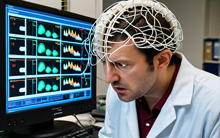 A scientist in a lab, looking frustrated while examining a brainwave monitoring display filled with chaotic, noisy signals.  Emphasis on the difficulty of extracting meaningful data due to interference and complexity. Consider adding visual cues of electrical interference.