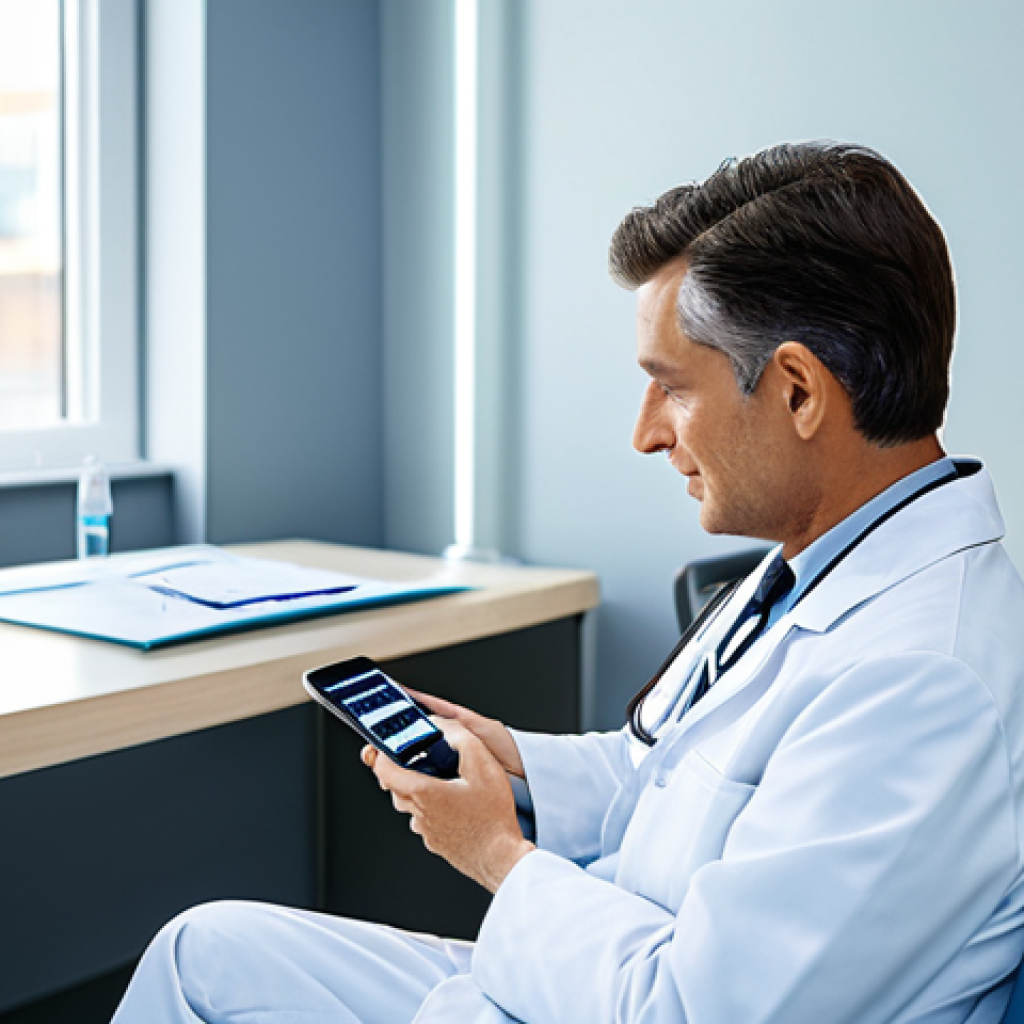 **
A doctor in a modern clinic setting, using a smartphone to monitor a patient's brainwaves. The patient is comfortably seated and fully clothed. The doctor is wearing a professional lab coat. Soft, natural lighting. Focus on the innovative technology and healthcare application. Safe for work, appropriate content, fully clothed, professional setting, perfect anatomy, natural pose.
**
