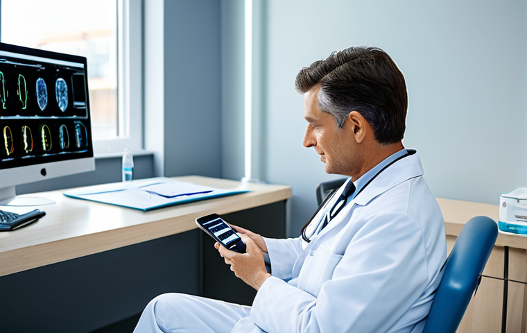 **
A doctor in a modern clinic setting, using a smartphone to monitor a patient's brainwaves. The patient is comfortably seated and fully clothed. The doctor is wearing a professional lab coat. Soft, natural lighting. Focus on the innovative technology and healthcare application. Safe for work, appropriate content, fully clothed, professional setting, perfect anatomy, natural pose.
**