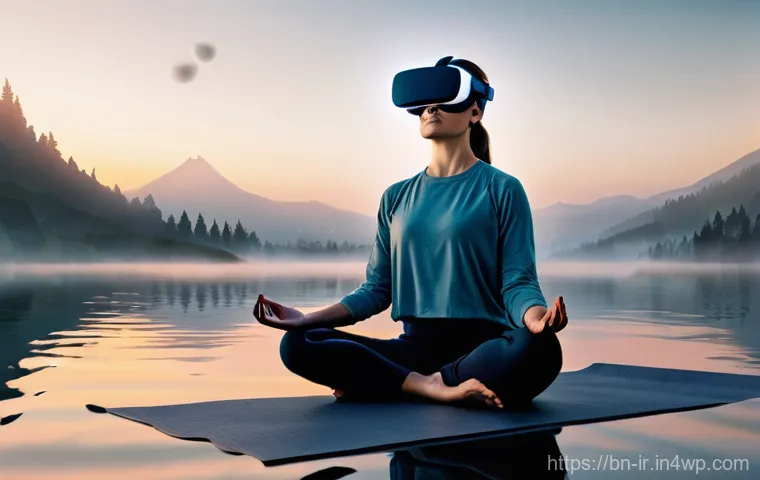 VR과 뇌파 모니터링의 결합 가능성 - **Prompt:** A person, early 30s, meditating peacefully in a highly detailed virtual reality environm...