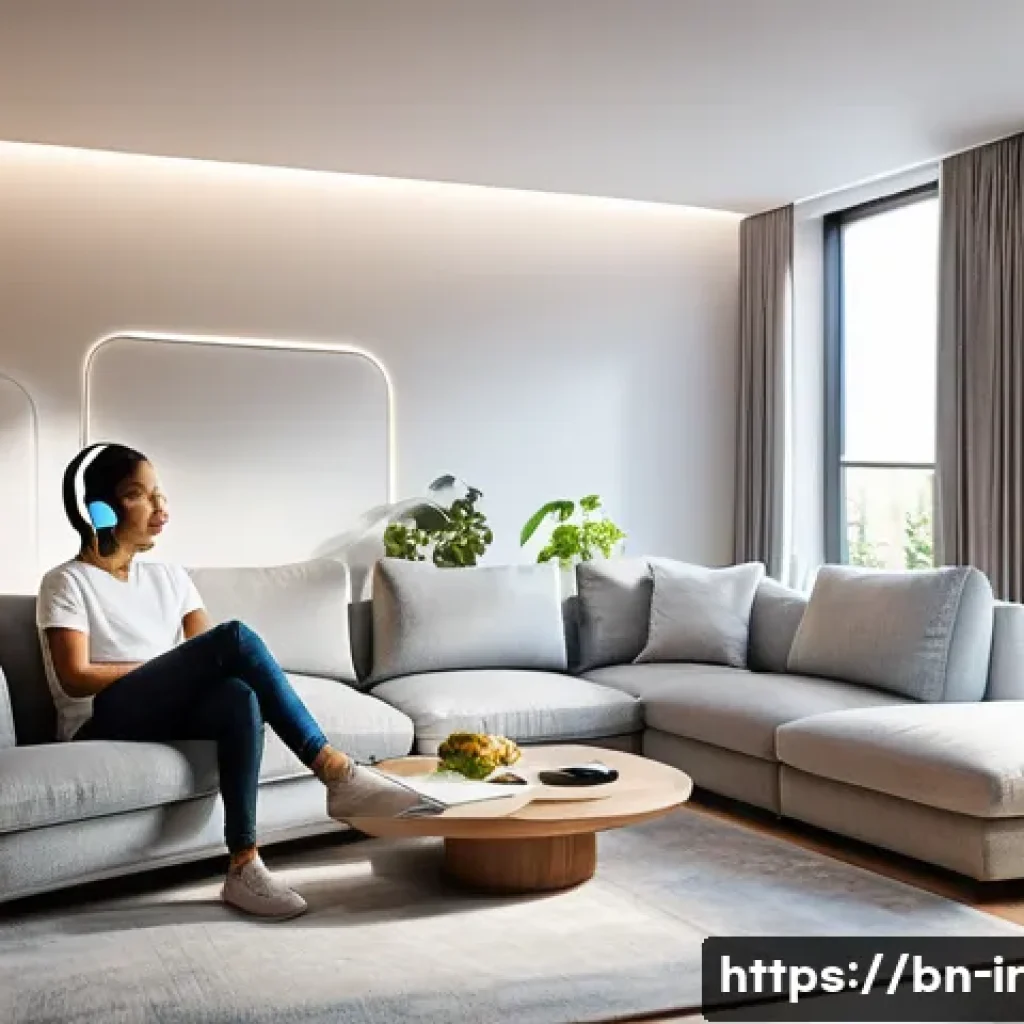 뇌파 기술의 새로운 가능성 탐구 - Smart Home Control with Brainwave Technology**
A brightly lit, modern smart home living room, bathed...