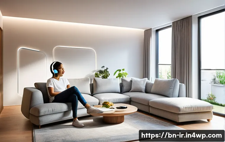 뇌파 기술의 새로운 가능성 탐구 - Smart Home Control with Brainwave Technology**
A brightly lit, modern smart home living room, bathed...