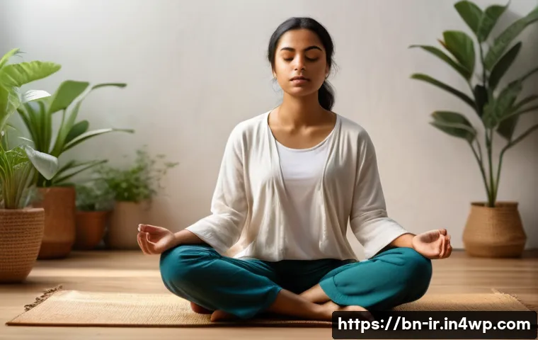 뇌파 측정을 위한 준비 과정 - A calm and focused Bengali young adult woman sitting cross-legged on a wooden floor in a softly lit ...