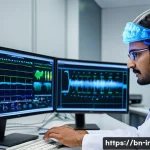 Home 20 뇌파 모니터링의 실험적 사례 연구 - A detailed, high-tech neuroscience laboratory scene showcasing a scientist wearing a comfortable lab...