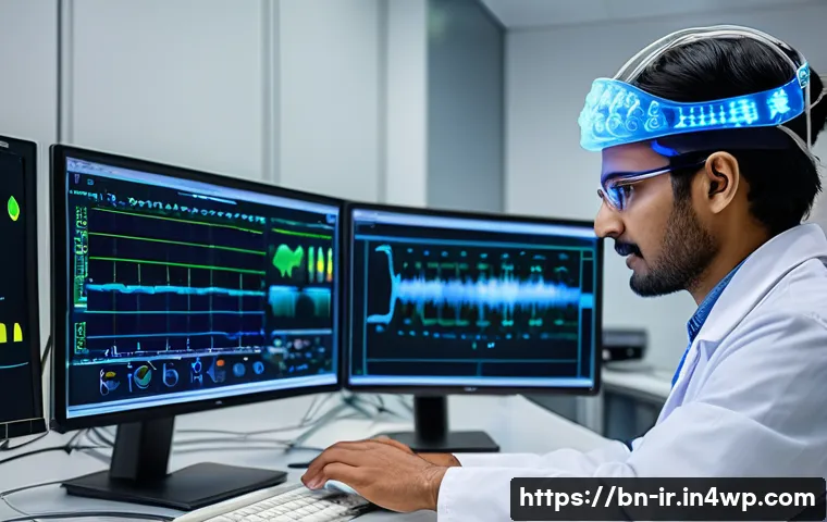 뇌파 모니터링의 실험적 사례 연구 - A detailed, high-tech neuroscience laboratory scene showcasing a scientist wearing a comfortable lab...