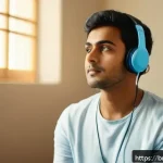 Home 23 EEG 뇌파 검사기 사용법 - A serene indoor scene showing a young Bengali adult sitting calmly in a quiet room, wearing comforta...