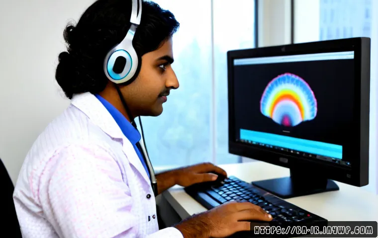 뇌파 분석 소프트웨어 추천 - Photorealistic modern neuroscience workspace, a Bengali South Asian researcher wearing a casual lab ...